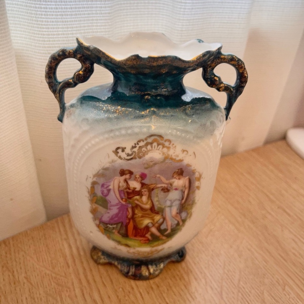 Antique Victoria Carlsbad Austria Urn Vase With Handles Ladies 3 Graces Blue